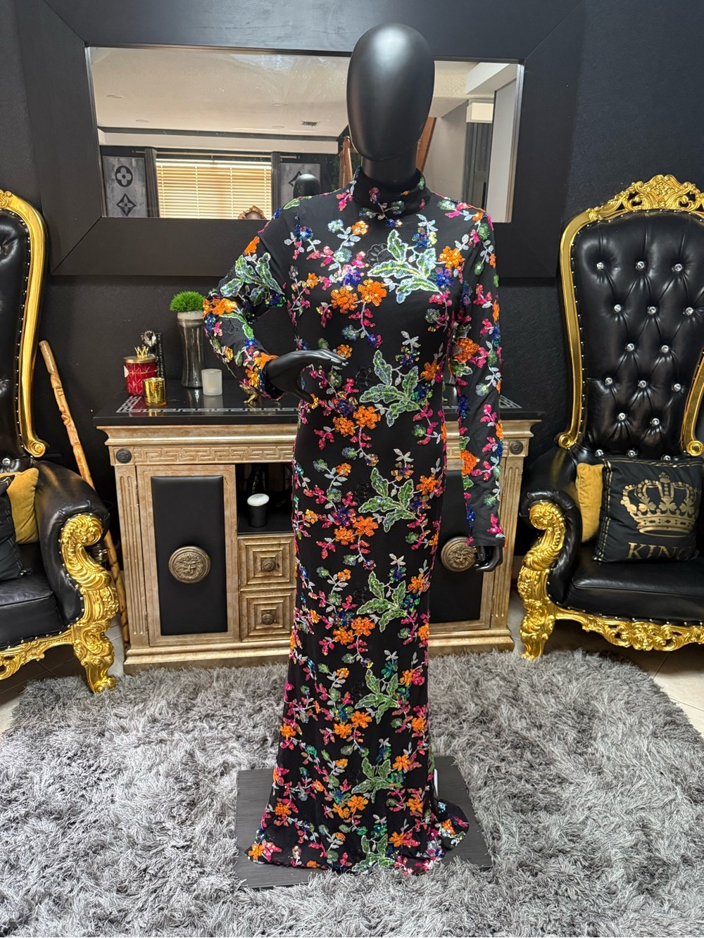 Floral High-Neck Long Sleeve Maxi Dress - Black with Multicolor Floral